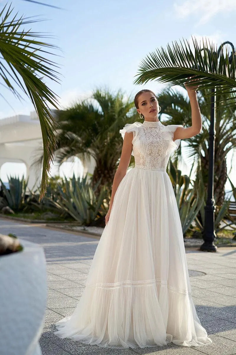 JEHETH Boho High Neck Sleeveless Wedding Dresses Elegant Lace Appliques Bridal Gowns A Line Vestidos De Novia Custom Made White Boho