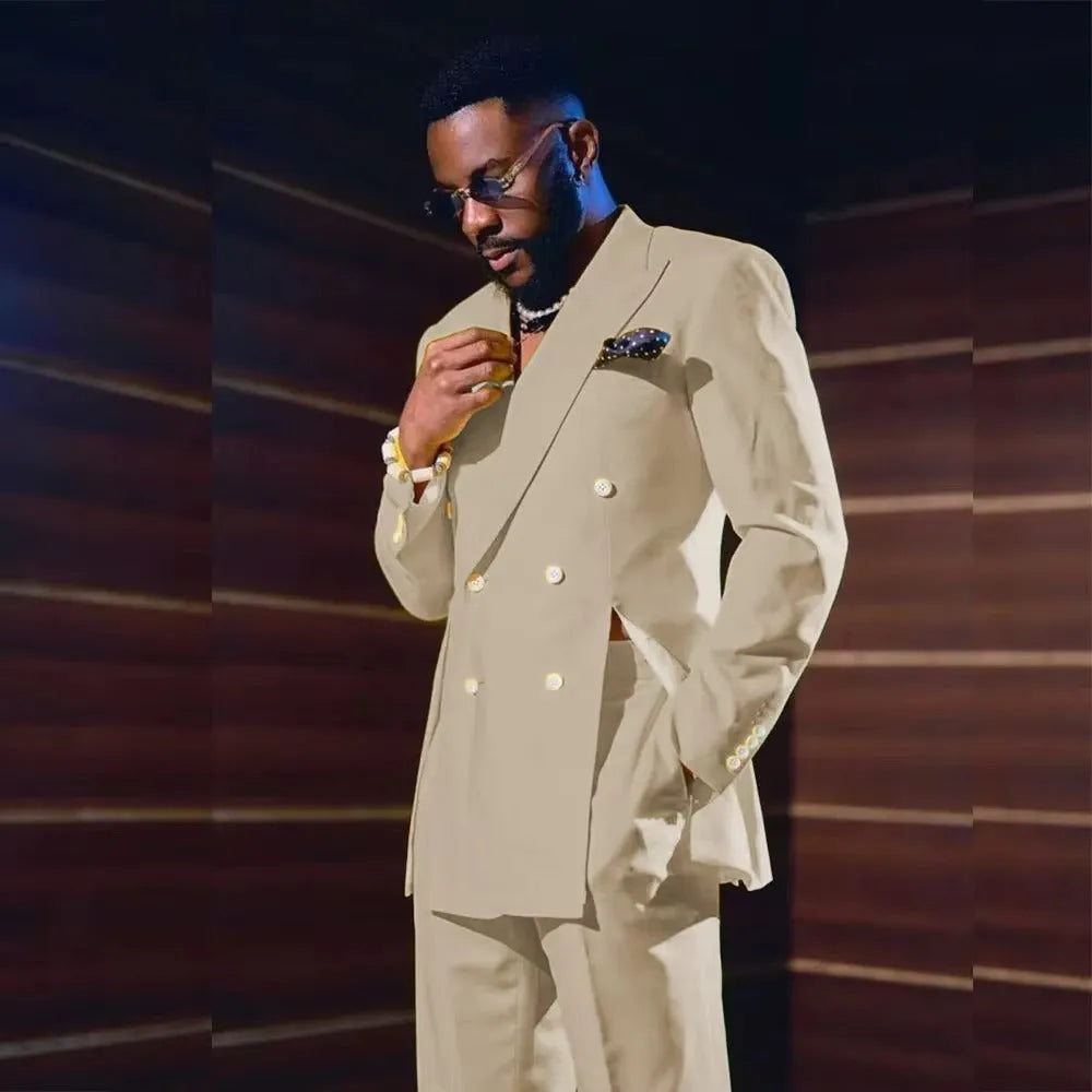 Sky Blue Tuxedos Men Suits Double Breasted Blazer Pants Men Jacket Two Splits on Front Custom Party Clothing