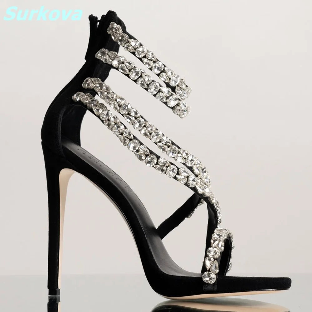 Bling Rhinestone Bordered Sandals Round Toe Ankle Strap Rear Zipper Thin High Heels Summer Fashion Sexy Plus Size Women Shoes Sarah Houston