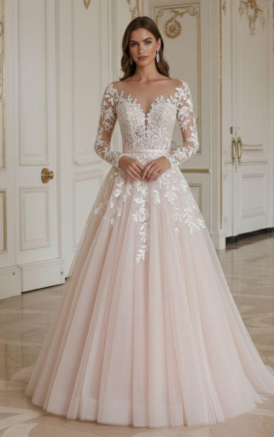 Blush A-Line Wedding Dress Romantic Tulle Bridal