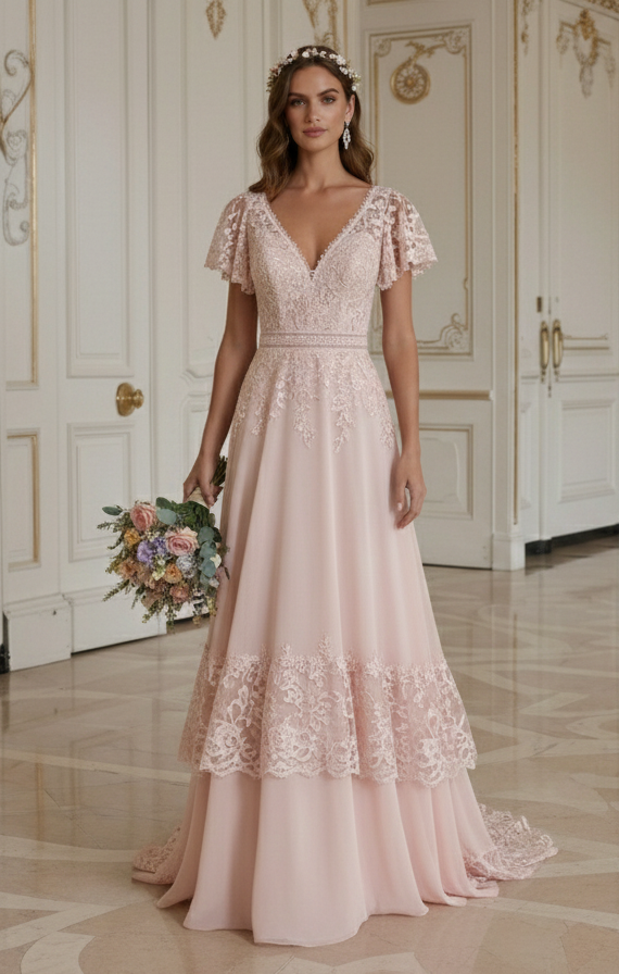 Blushfarbenes Boho-Hochzeitskleid, romantisch Boho-Braut