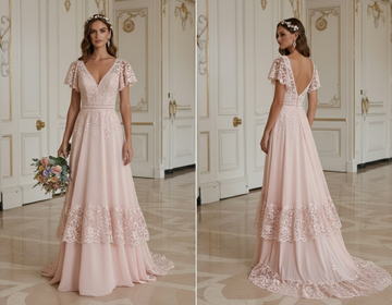 Blushfarbenes Boho-Hochzeitskleid, romantisch Boho-Braut