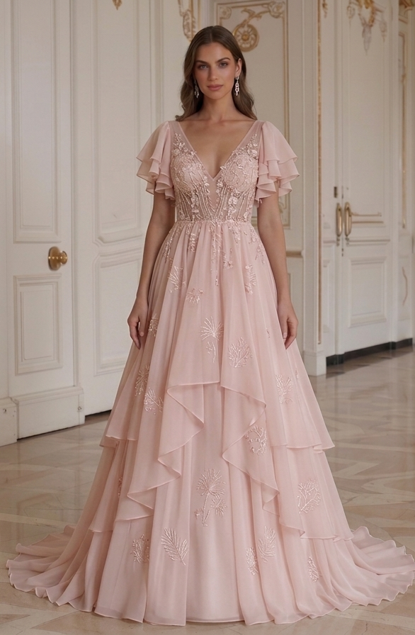 Blush chiffong brudklänning romantisk brudlook
