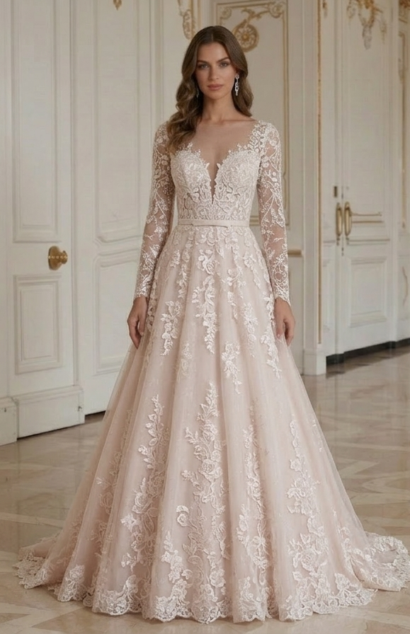 Rochie de mireasă din dantelă roz pal, stil romantic