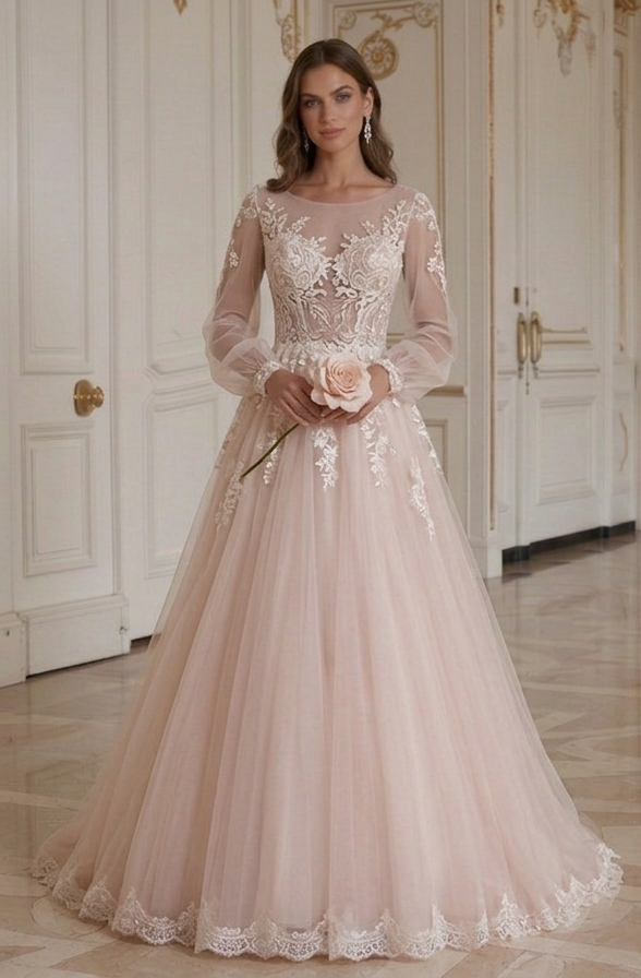 Blush trouwjurk met lange mouwen Romantische bruidsstijl
