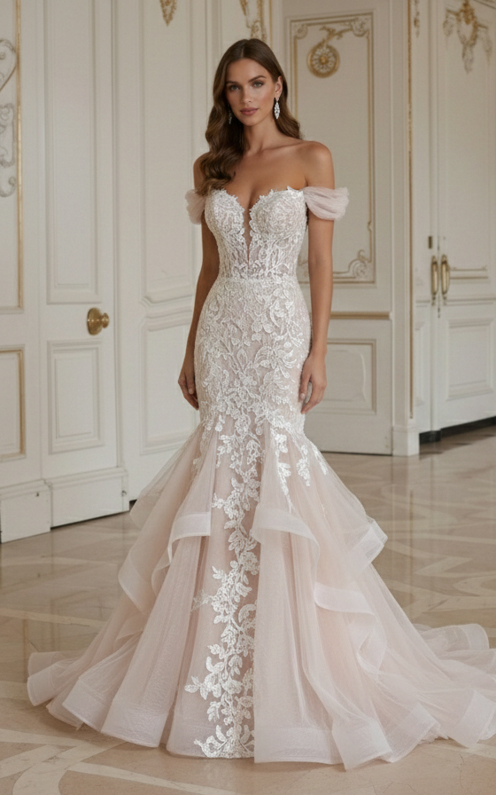 Blush Meerjungfrau-Brautkleid Romantisch Tüll