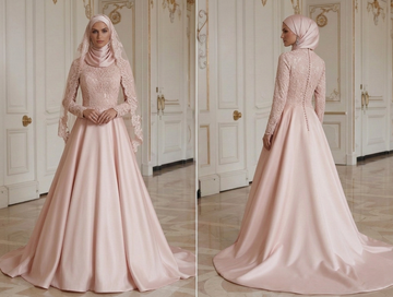 Vestido de novia musulmán rosa romántico y modesto