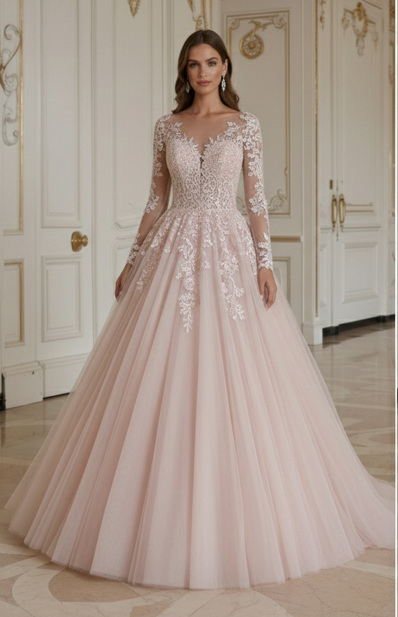 Blush Princess Wedding Dress Romantic Tulle Bridal