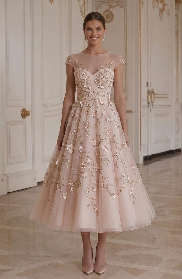 Blush Hochzeitskleid in Tea-Length-Länge Romantischer Brautstil