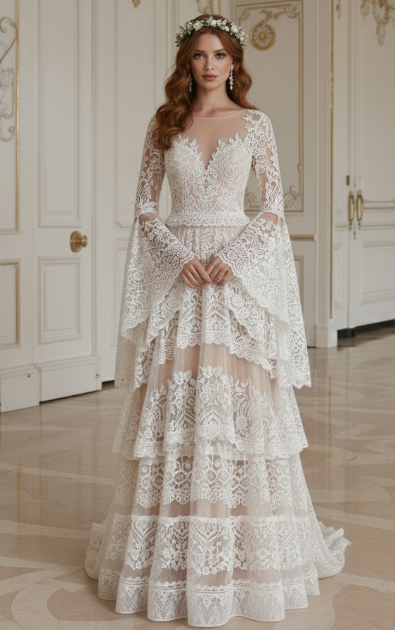 Bohemian A-Line Wedding Dress Bell Sleeve Bridal