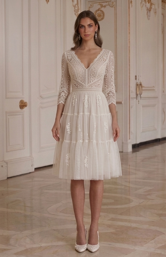 Vestido de Novia Corto Bohemio Manga de Encaje Nupcial