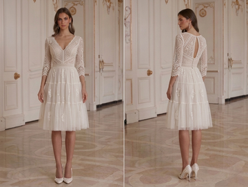 Vestido de Novia Corto Bohemio Manga de Encaje Nupcial