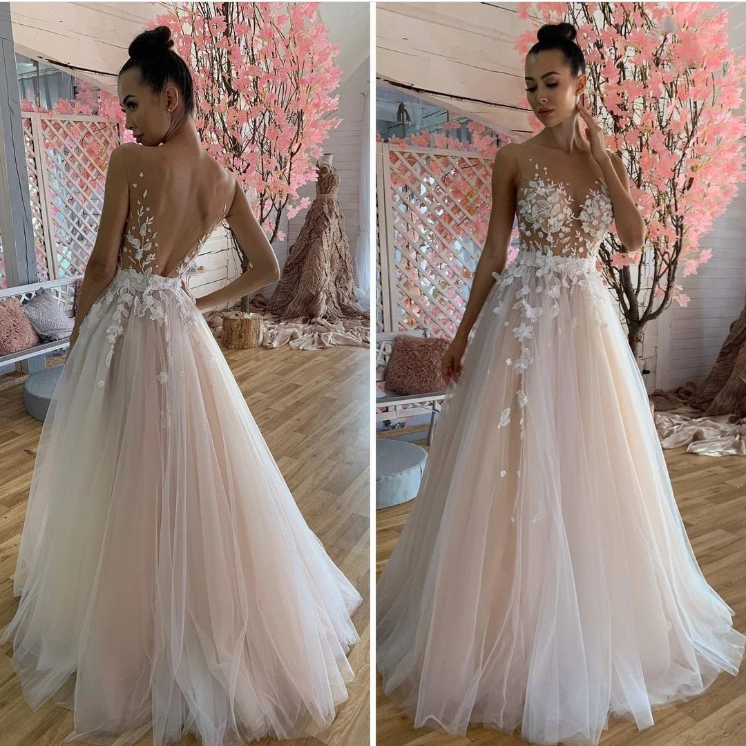 Fiori di abiti da sposa in spiaggia per donne A-line Deep-V-Neck Appliques senza maniche per il pavimento in tulle senza schienale abiti da sposa