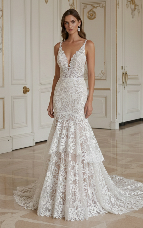 Vestido de Noiva Sereia Boho Renda Floral Romântica