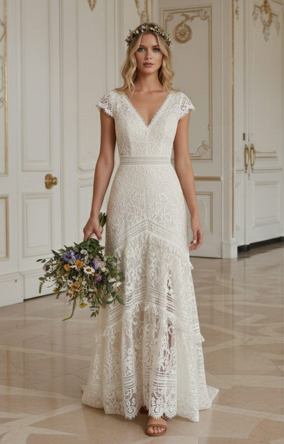 Rochie de mireasă boho pentru nuntă în aer liber, stil rustic