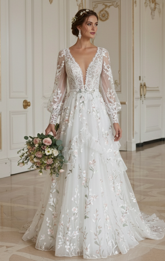 Boho Hochzeitskleid für Frühlingshochzeit mit Blumenmuster