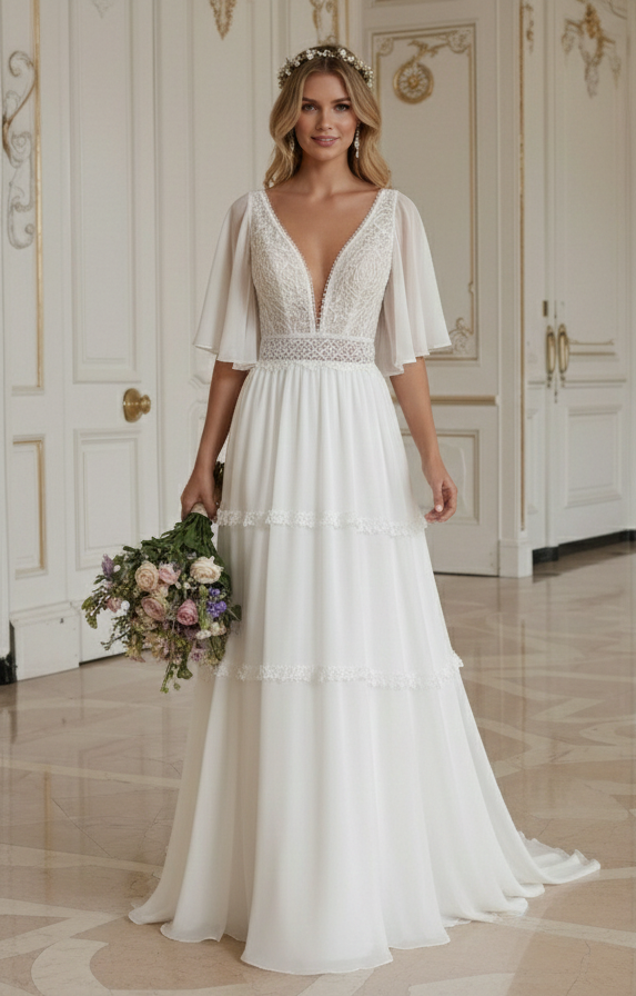 Rochie de mireasă boho pentru nuntă de vară, rochie din chiffon