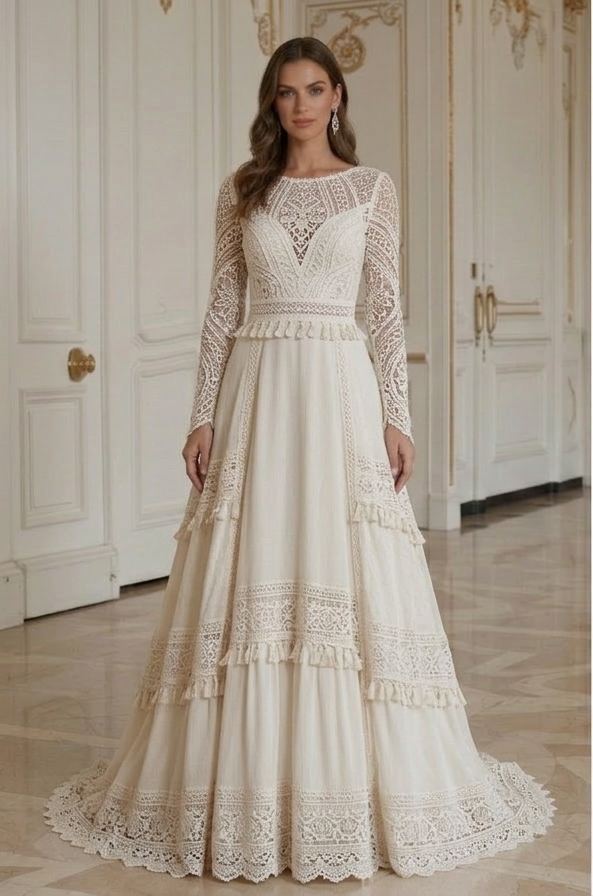 Boho Hochzeitskleid für Winterhochzeit mit langen Ärmeln