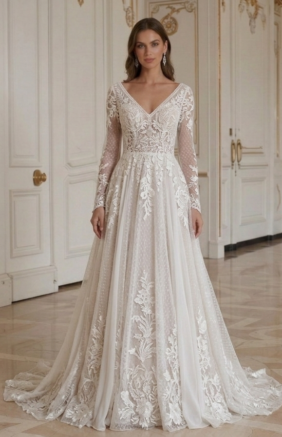 Rochie de mireasă boho cu decolteu în V și dantelă