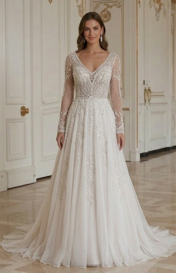 Boho Hochzeitskleid mit Perlenbesetzter Spitze Brautkleid