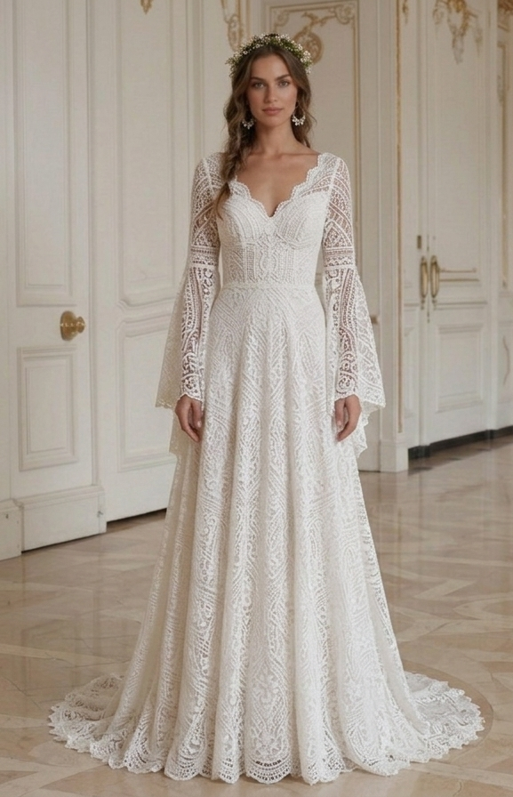 Rochie de mireasă boho cu mâneci clopot, boemă