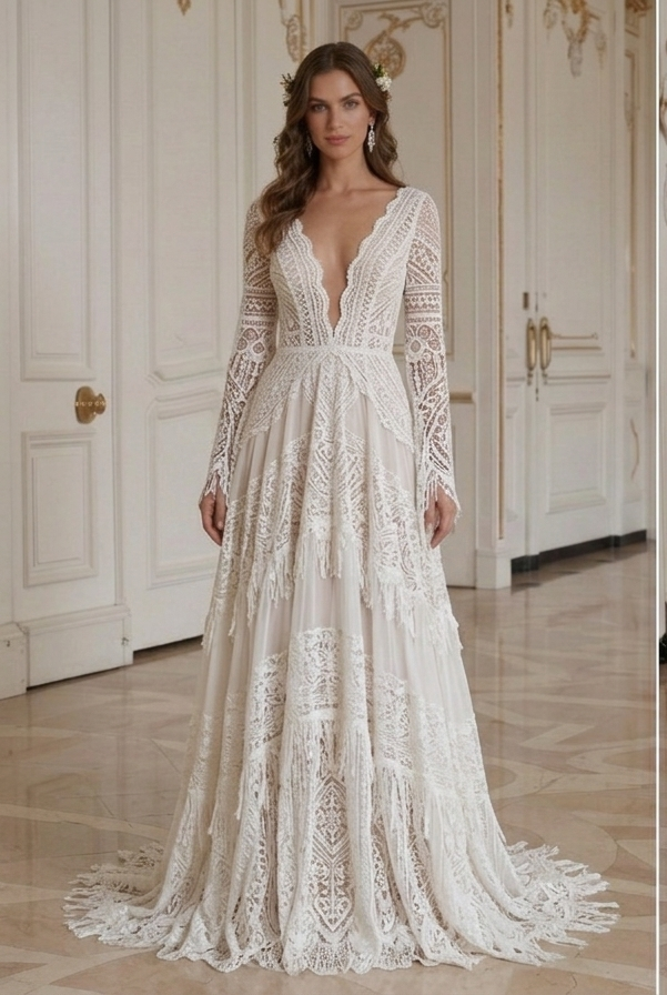 Boho Hochzeitskleid mit tiefem V-Ausschnitt Brautkleid
