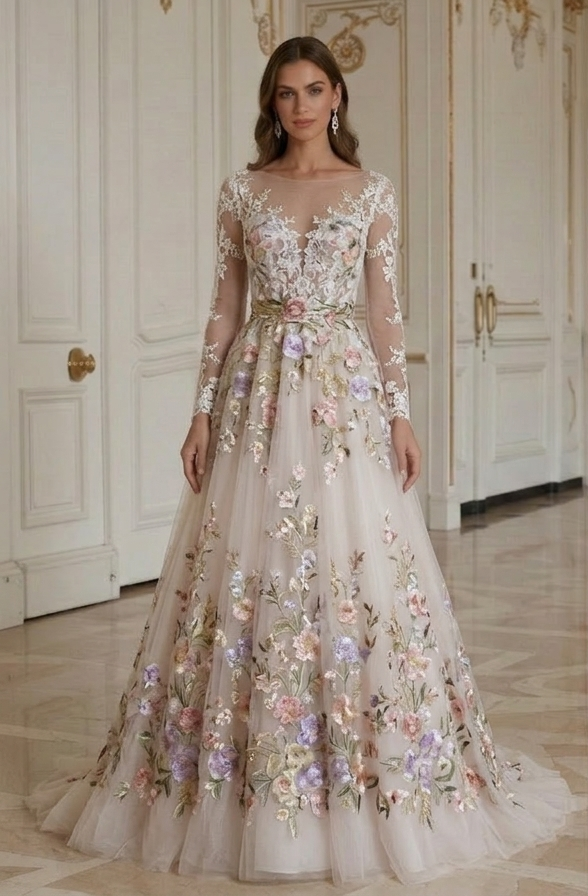 Boho Hochzeitskleid mit bestickten Blumen Brautkleid