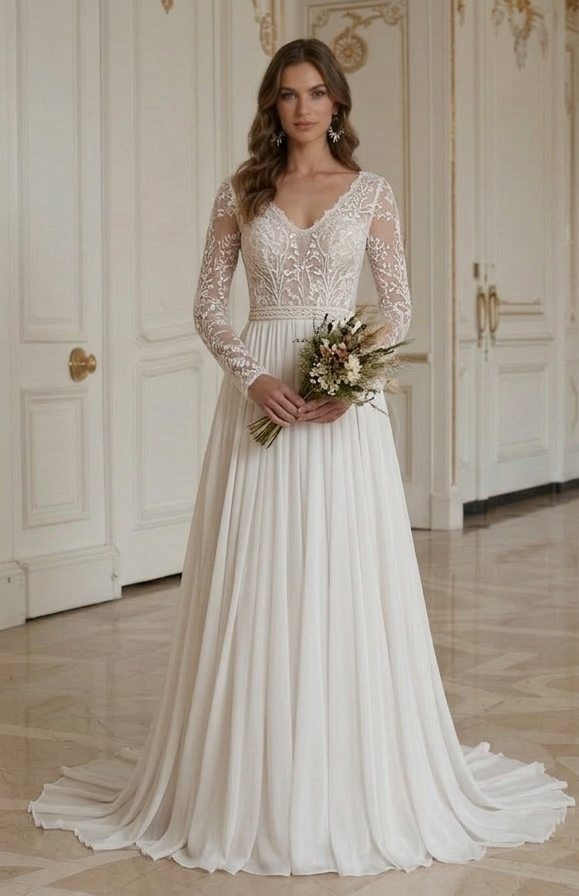 Boho Hochzeitskleid mit fließendem Rock Brautkleid
