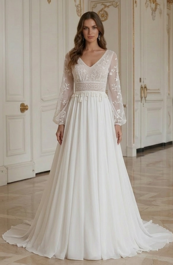 Boho Hochzeitskleid mit hohem Taillendesign