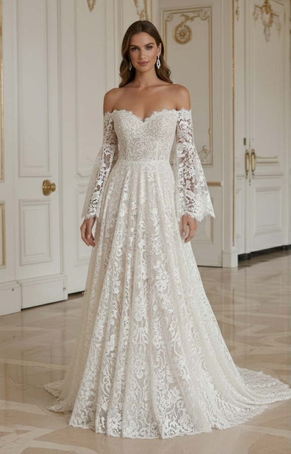 Boho Hochzeitskleid mit schulterfreien Ärmeln