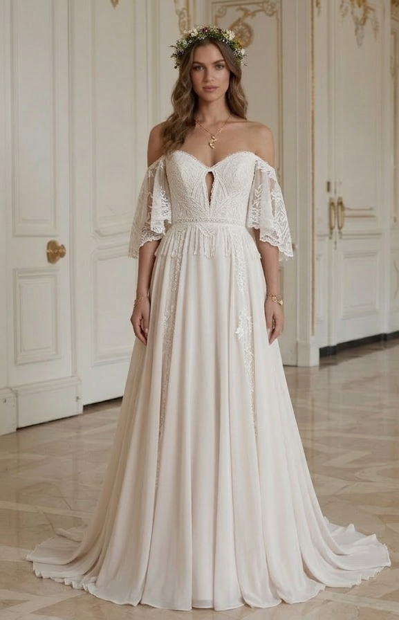 Boho Hochzeitskleid mit offenen Schultern Boho-Stil
