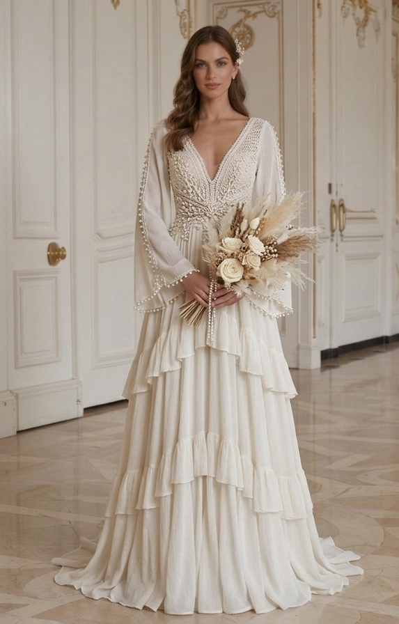 Boho-Hochzeitskleid mit Perlendetails, Bohemian-Braut