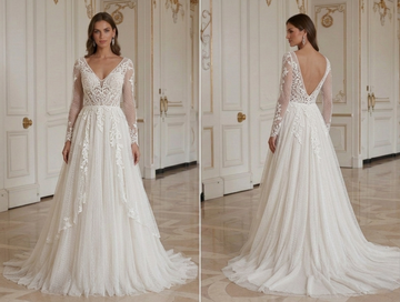 Boho Hochzeitskleid mit transparenten Spitzenärmeln