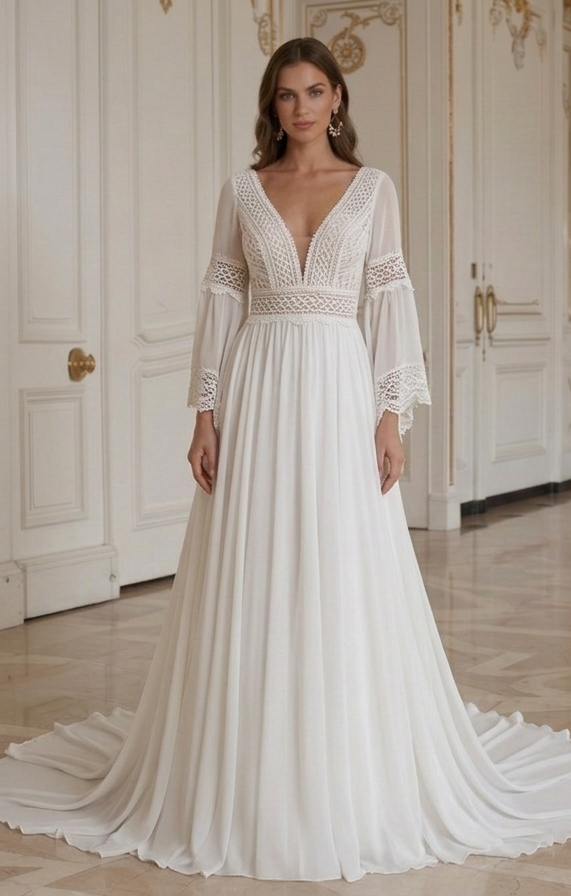Boho-Hochzeitskleid mit Schleppe, fließendes Brautkleid