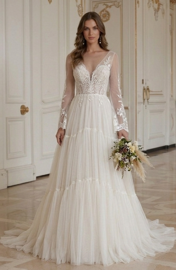 Boho Hochzeitskleid mit Tülllagen Brautkleid