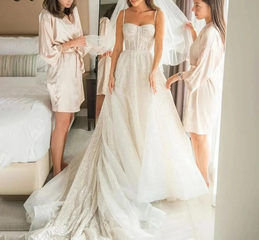 Glitter A-Line Wedding Dresses Spaghetti Straps Sweetheart Open The Back Boho Bridal Gowns Shiny Princess Bride Dress Custom Color