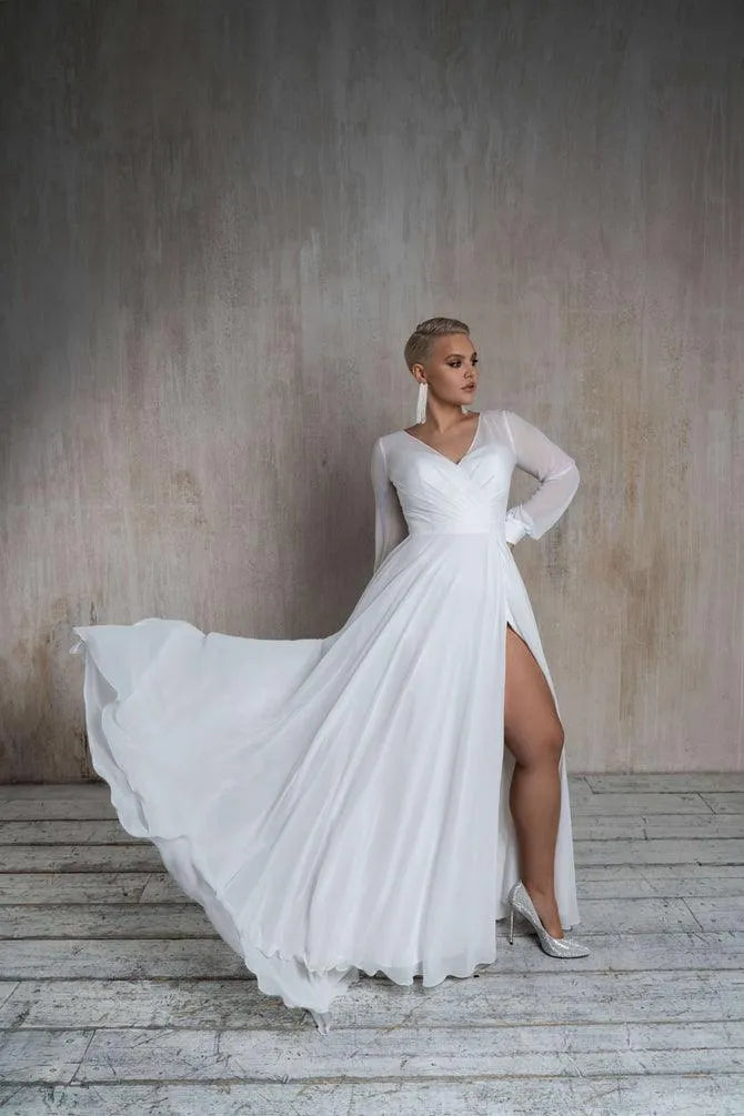 Plus Size Chiffon Wedding Dress V Neck Long Sleeve High Slit Beach White Bridal Gown Sweep Train Simple Custom Свадебное платье Ivory Plus Size