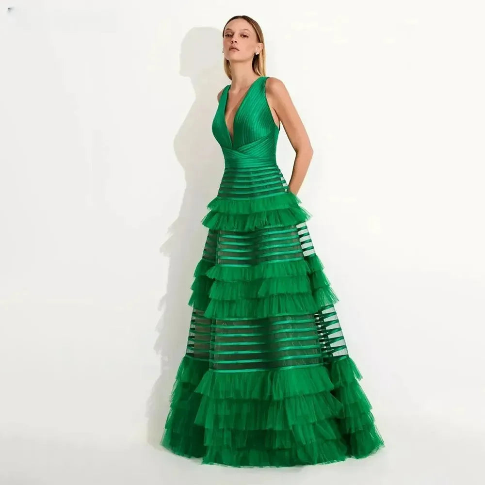 Green Prom Dresses V-Neck Sleeveless Tiered Ruffles Tulle Pleat Ruched A-Line Evening Gowns Special Occasion Gown 14