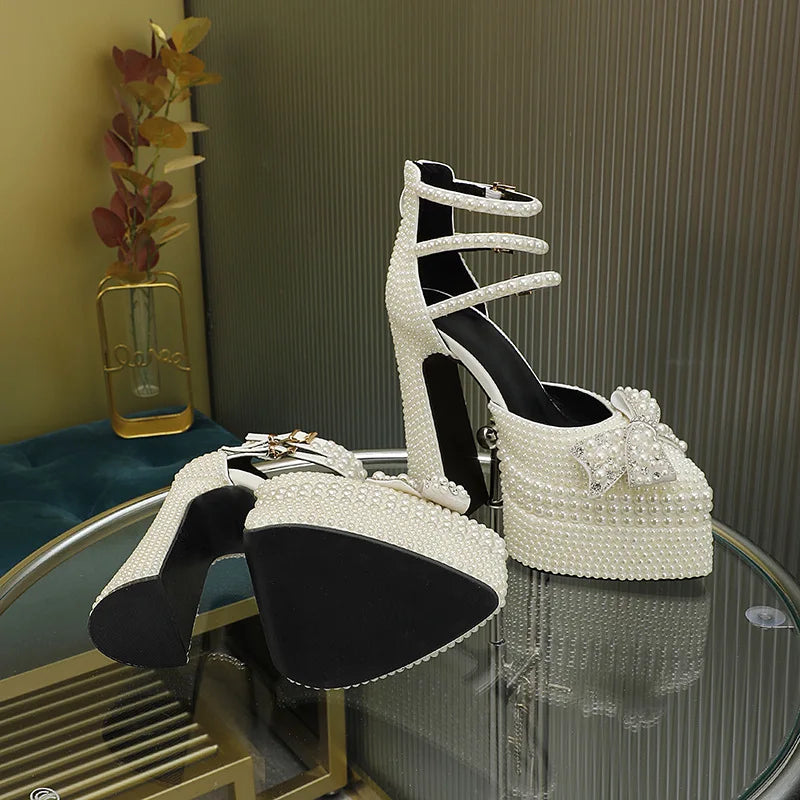 Brand Hand Inlaid Pearl/Rhinestone High Heel Sandals Wedding Bridal Party Water Platform Bow Sandals Large 42 Sexy Women's Shoes Sarah Houston