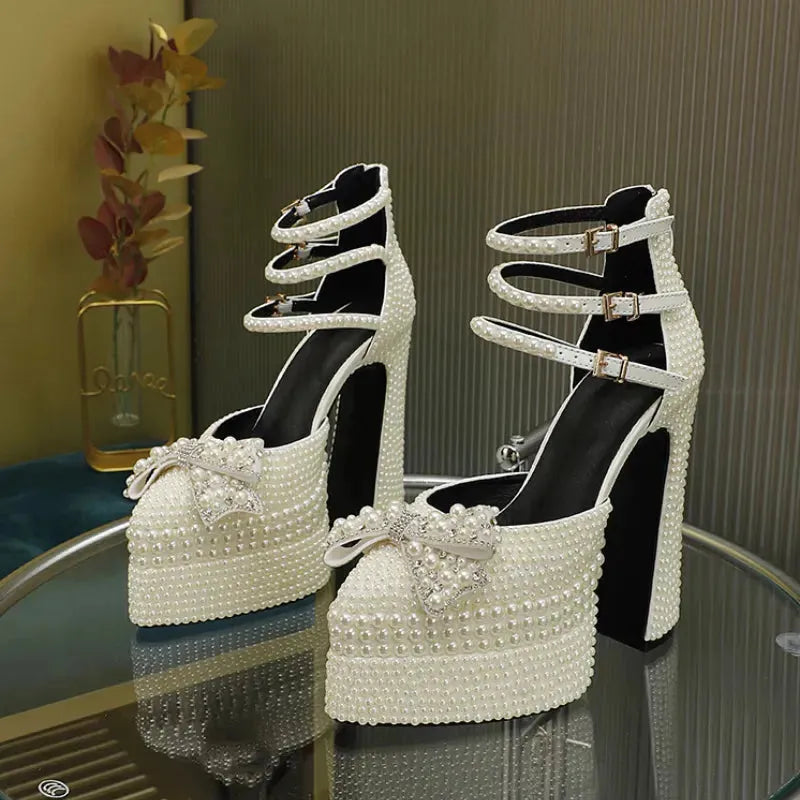 Brand Hand Inlaid Pearl/Rhinestone High Heel Sandals Wedding Bridal Party Water Platform Bow Sandals Large 42 Sexy Women's Shoes
