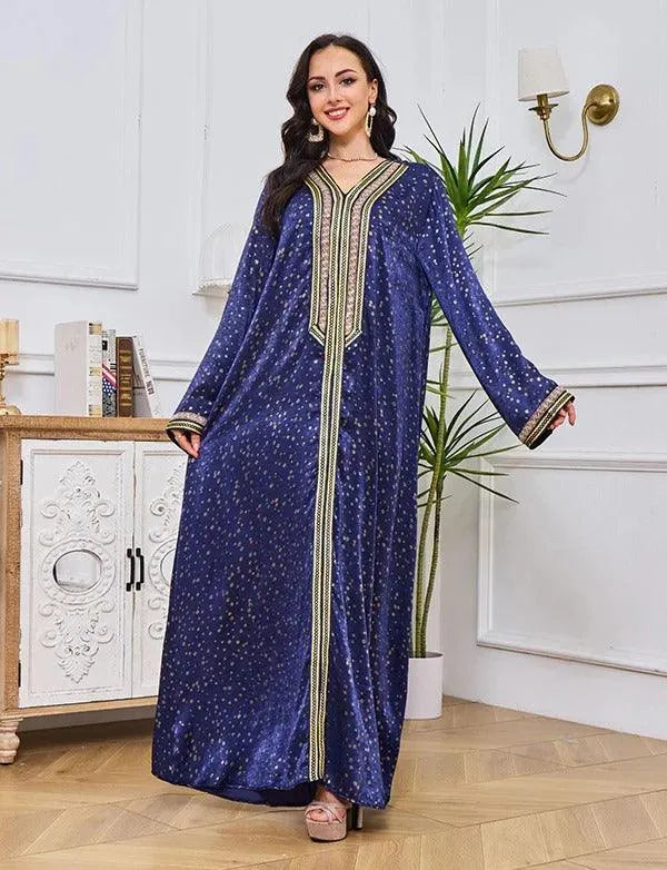 Islamic Women Clothing Elegant Ethnic Abaya Dress Diamonds Tape Trim Full Sleeve V-Neck Casual Loose Long Dress Gulf Blue Dress