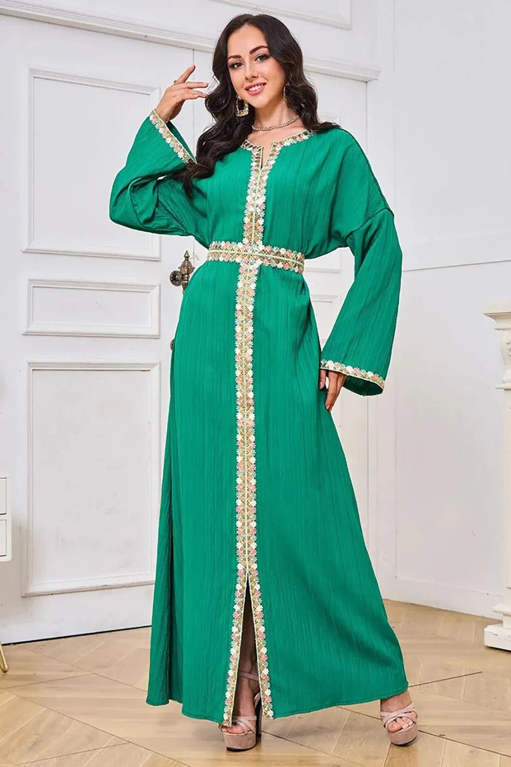 Fashion Muslim Abaya Woman Dubai Solid Split Hem Full Sleeve Notched V-Neck Belted Clothing Elegant Moroccan Dresses Green Dress