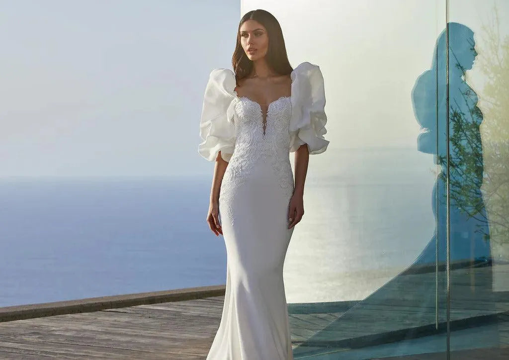 Exquisite Square Neck Satin Mermaid Wedding Dresses for Women Lace Appliques Backless Beach Bride Gown Puff Sleeves Floor Length Ivory Mermaid