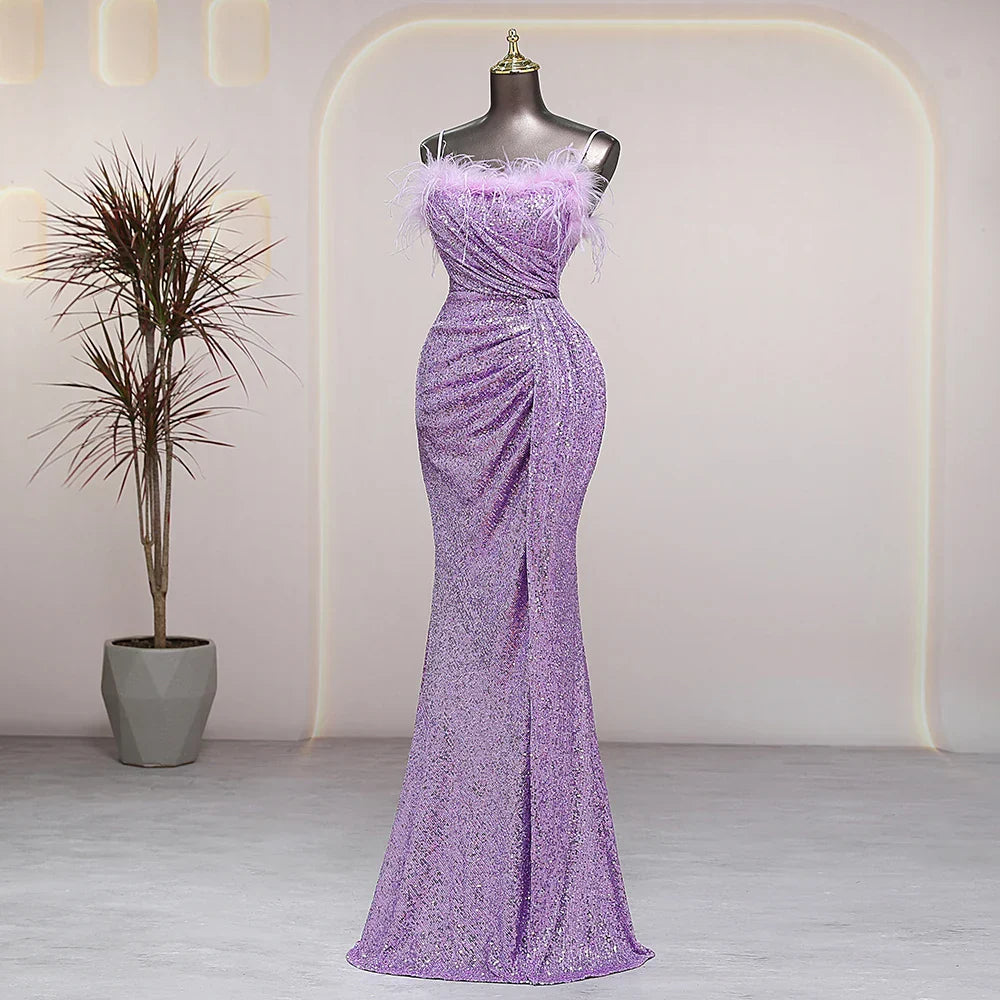 Candy color purple fur collar side slits evening dress prom dress luxury wedding party dress formal occasion vestidos de fiesta Color as shown 2