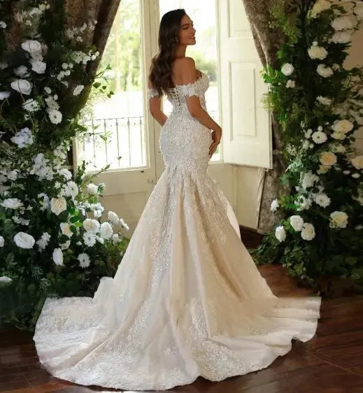 3d Flower Applique Litter Mermaid Wedding Dresses For Woman Cap Sleeve Princess Bridal Gown Lace Up Lace-up Dress Robe 2024 Floor Length