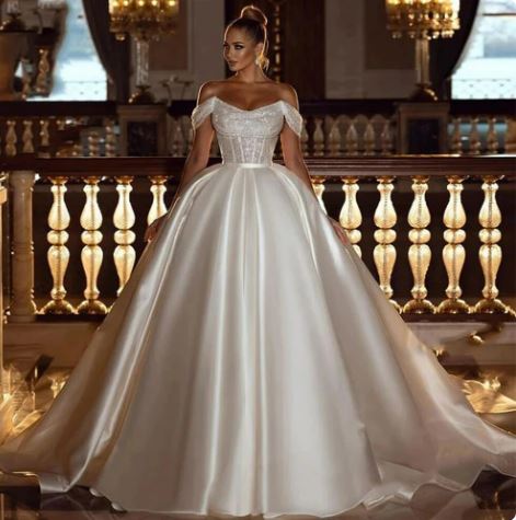 A-Line Sexy Off Shoulder Wedding Dresses Shiny Bohemia Women's Tulle Princess Satin Bridal Gowns Robe De Mariée Vestido فست