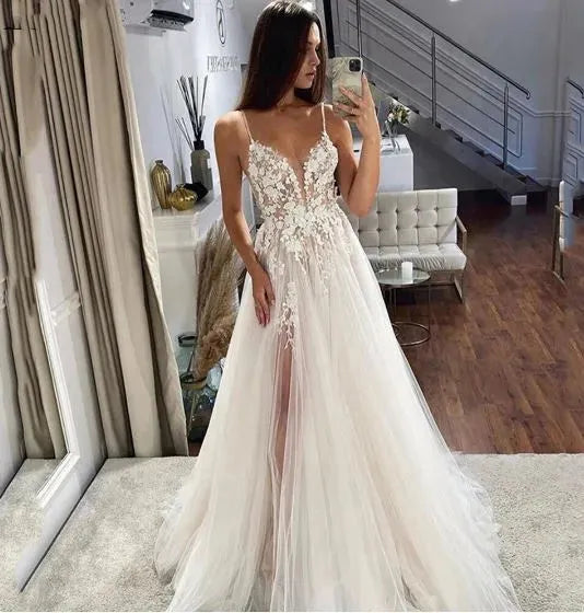 3D Lace Wedding Dresses A Line Satin Bridal Gowns Square Neck Wedding Party Gowns Ivory