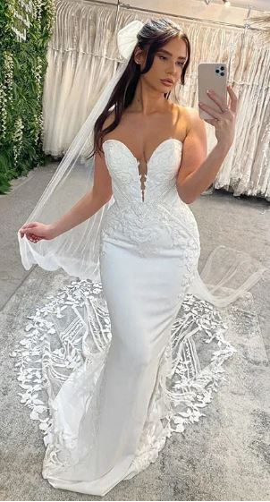 Vestido de novia de sirena para mujer, espalda abierta, encaje, escote corazón, sin tirantes, apliques, vestido de novia con cola larga 