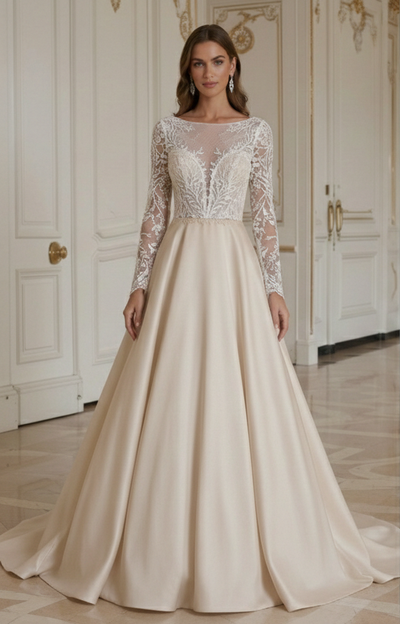 Champagne A-Line Wedding Dress Matte Elegant Style