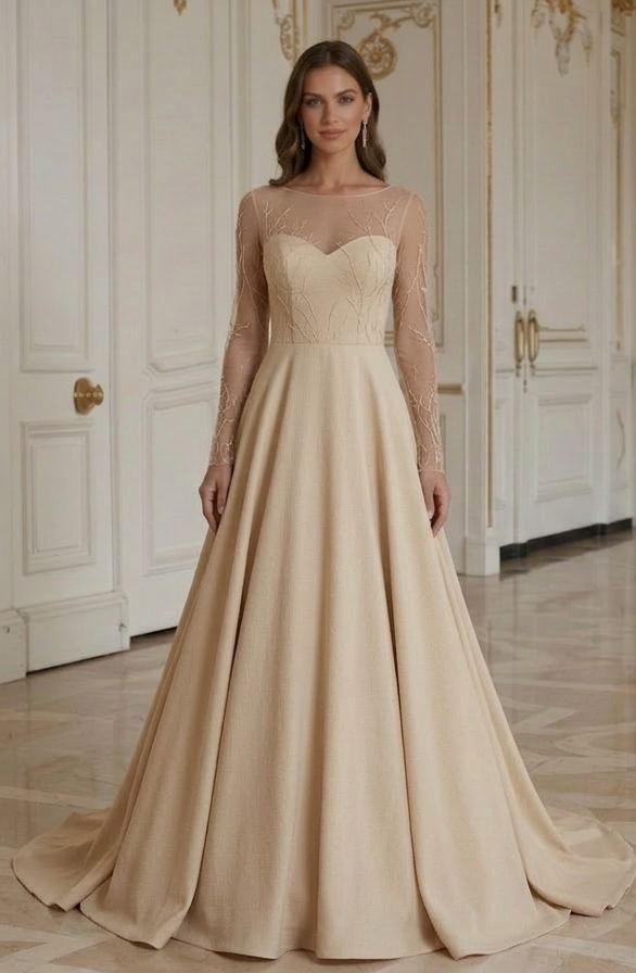 Rochie de mireasă pentru plajă culoarea șampaniei din material mat